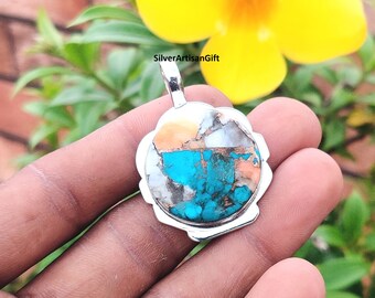 Oyster Copper Turquoise Pendant: Handmade 925 Sterling Silver Jewelry