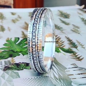 925 Sterling Silver Spinner Bangle: Handmade Charm Cuff