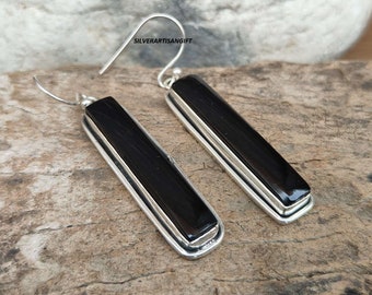 Black Onyx Gemstone Earrings: Handmade 925 Sterling Silver Rectangle Jewelry