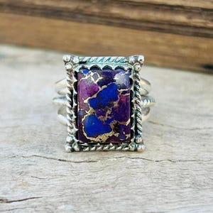 Anillo llamativo de turquesa púrpura, plata de ley 925, joyería artesanal estilo boho.