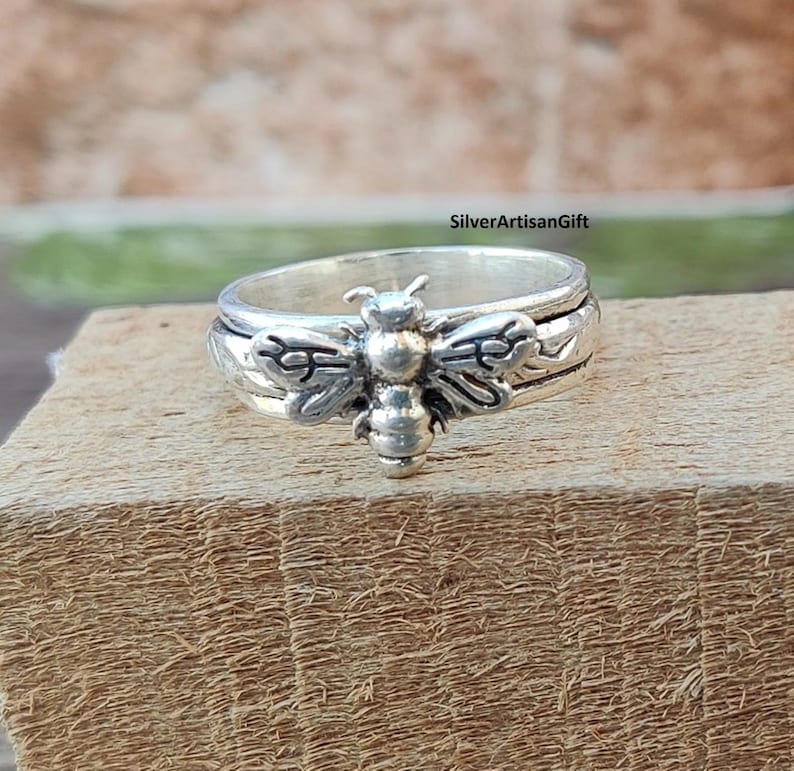 925 Sterling Silver Spinner Ring, Meditation Worry Ring handmade jewelry gift for her Bee ring