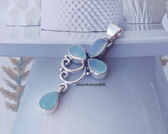 Aqua Chalcedony 925 Sterling Silver Pendant Necklace Handmade jewlery
