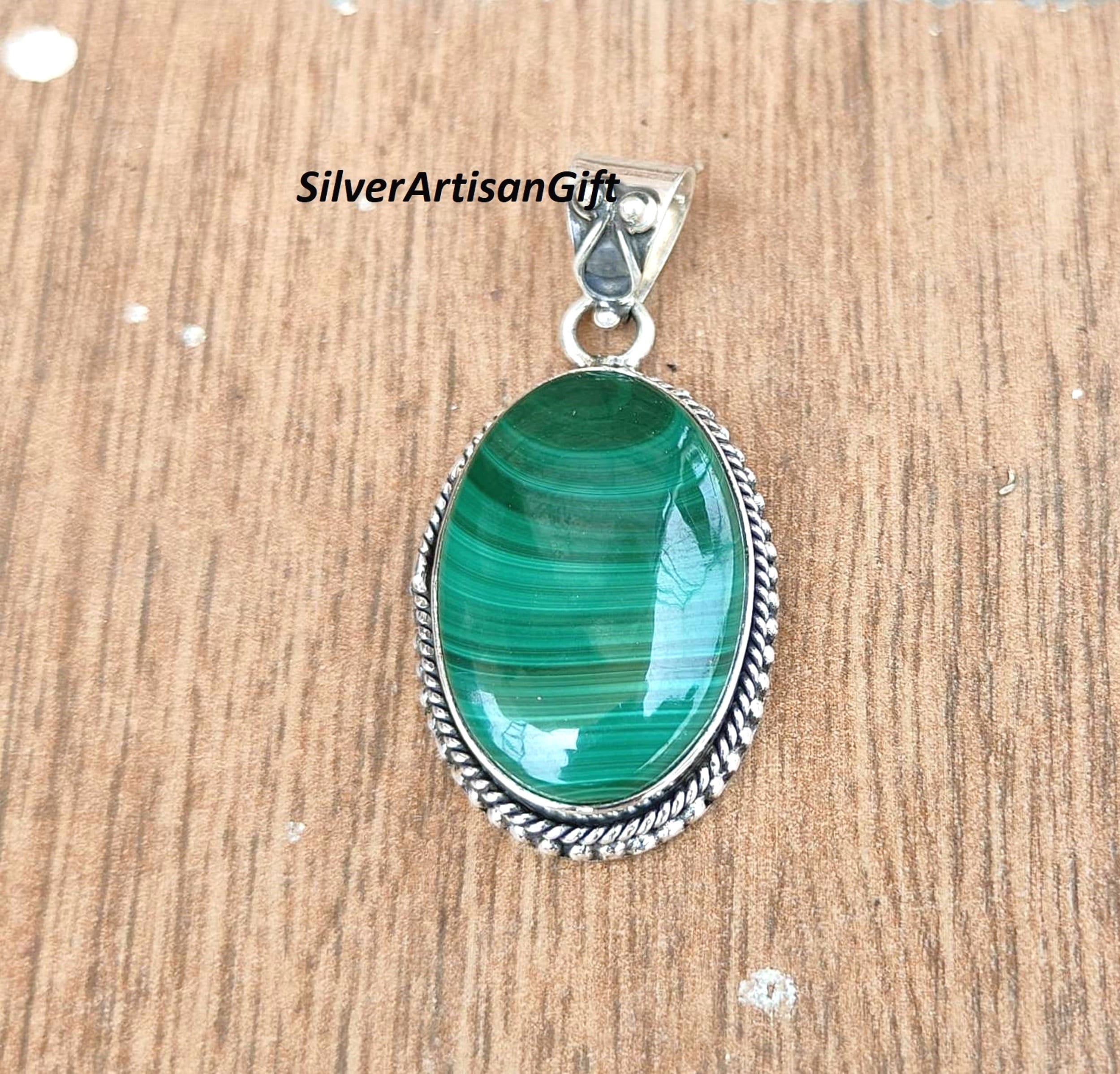 Pendentif Ancien En Argent Sterling 925 - Malachite Ovale Naturelle (œil De Forêt) - Vintage Signé
