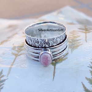 Pink Opal 925 Sterling Silver Spinner Ring: Boho Meditation Worry Ring