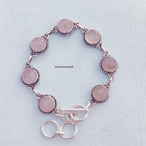 Rose Quartz Bracelet, Pink Quartz Bracelet, 925 Sterling silver Bracelet, Handmade Silver Bracelet, Pink Round Stone Bracelet, Gift for Her