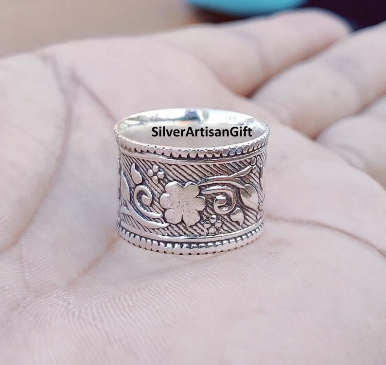 Handmade 925 Sterling Silver Wide Band Ring: Floral Thumb Ring - Etsy