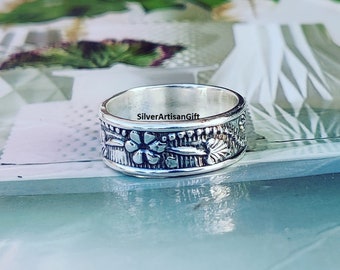 Silver band, wide silver band, 925 Sterling silver ,unisex band, floral silver ring, silver flowers band, wedding band, Silver Jewelry  **