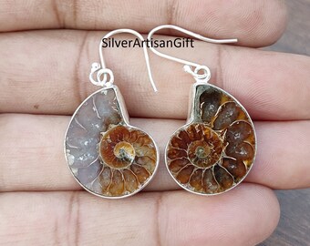 Ammonite Fossil Earrings: 925 Sterling Silver Sea Lover Jewelry