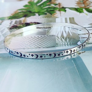 Star & Moon Symbol 925 Sterling Silver Bangle, Bracelet For Men and Women, Thick Bangle, Bangle Jewelry, Unique Gift Bangle, Designer gift