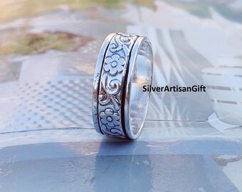 Sterling Silver Flower Spinner Ring: Handmade Anxiety Fidget Band