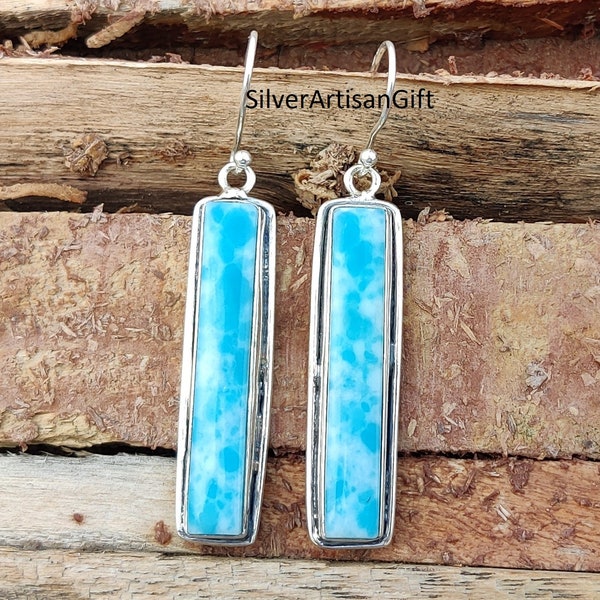 Larimar Silver Gemstone Earrings | shape rectangle earring 925 Sterling Silver Earring | Designer Pear Gemstone Earrings | Women Wedding all