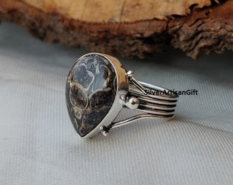 Turritella Agate Ring, Handmade Ring, 925 Solid Sterling Silver Ring, Boho Ring, Women's Ring, Pear Shape Gemstone Ring, Gift Ring Jewelry**