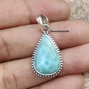 Handmade Pear Larimar Pendant: 925 Sterling Silver Necklace Jewelry daily wear