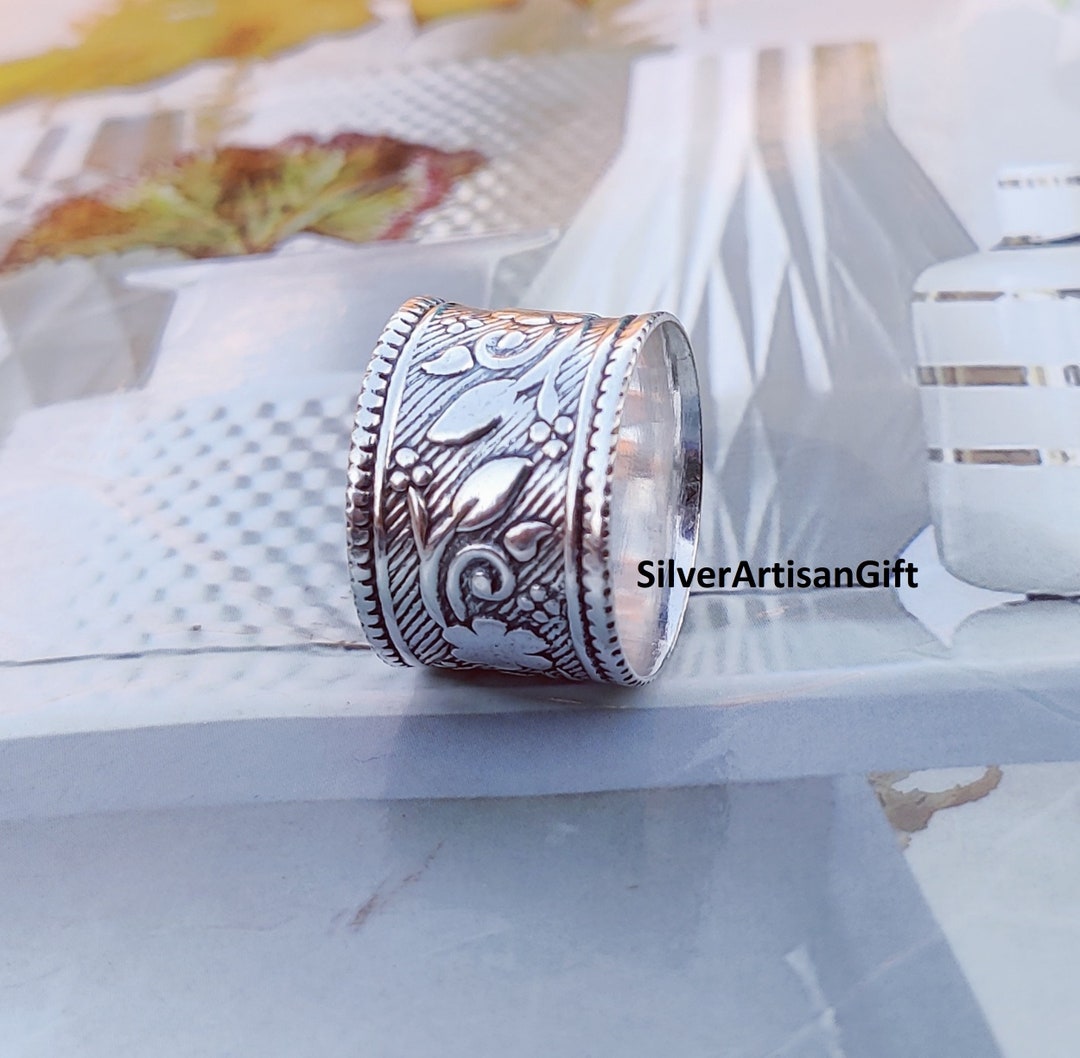 Handmade 925 Sterling Silver Wide Band Ring: Floral Thumb Ring - Etsy