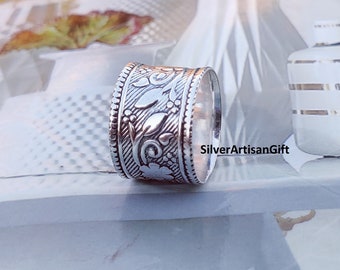 Handmade 925 Sterling Silver Wide Band Ring: Floral Thumb Ring