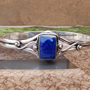 Bracelet-jonc en lapis-lazuli, Bracelet fait main, Bracelet en pierres précieuses, Bracelet en argent sterling 925, Bijoux en lapis-lazuli, Bracelet réglable, Bracelet cadeau*