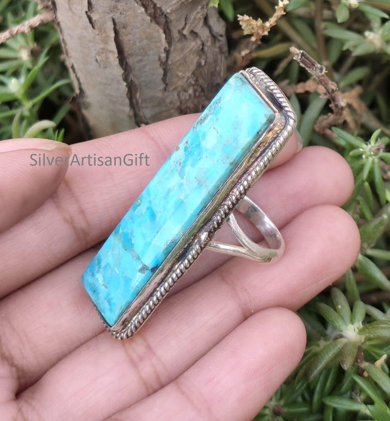 Kingman Turquoise Ring Long Rectangle Gemstone, 925 Sterling Silver ...