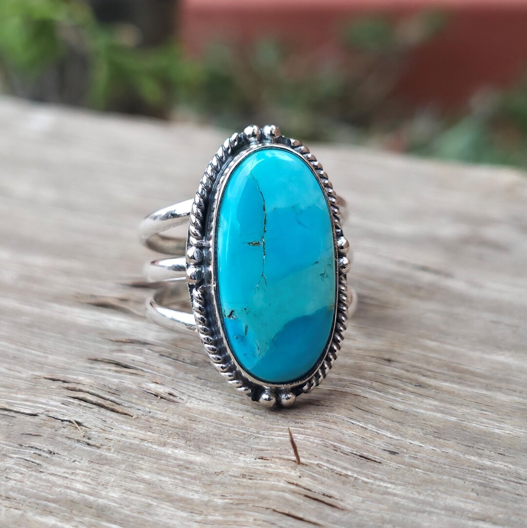 Kingman Turquoise Double Band Ring, Sterling Silver Oval Blue Stone ...