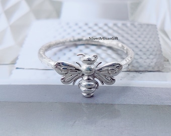 Handgemachter 925 Sterling Silber Bienenring: Zierlicher Honigbienen-Schmuck