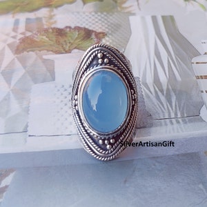 Handmade Oval Blue Chalcedony Ring: Sterling Silver Promise Ring