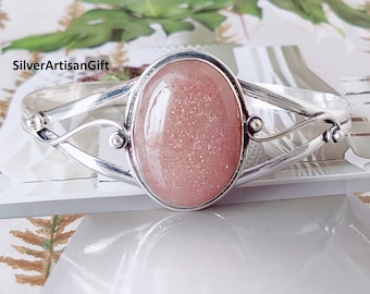 Sunstone Bangle Cuff: 925 Silver Plated Gemstone Bracelet