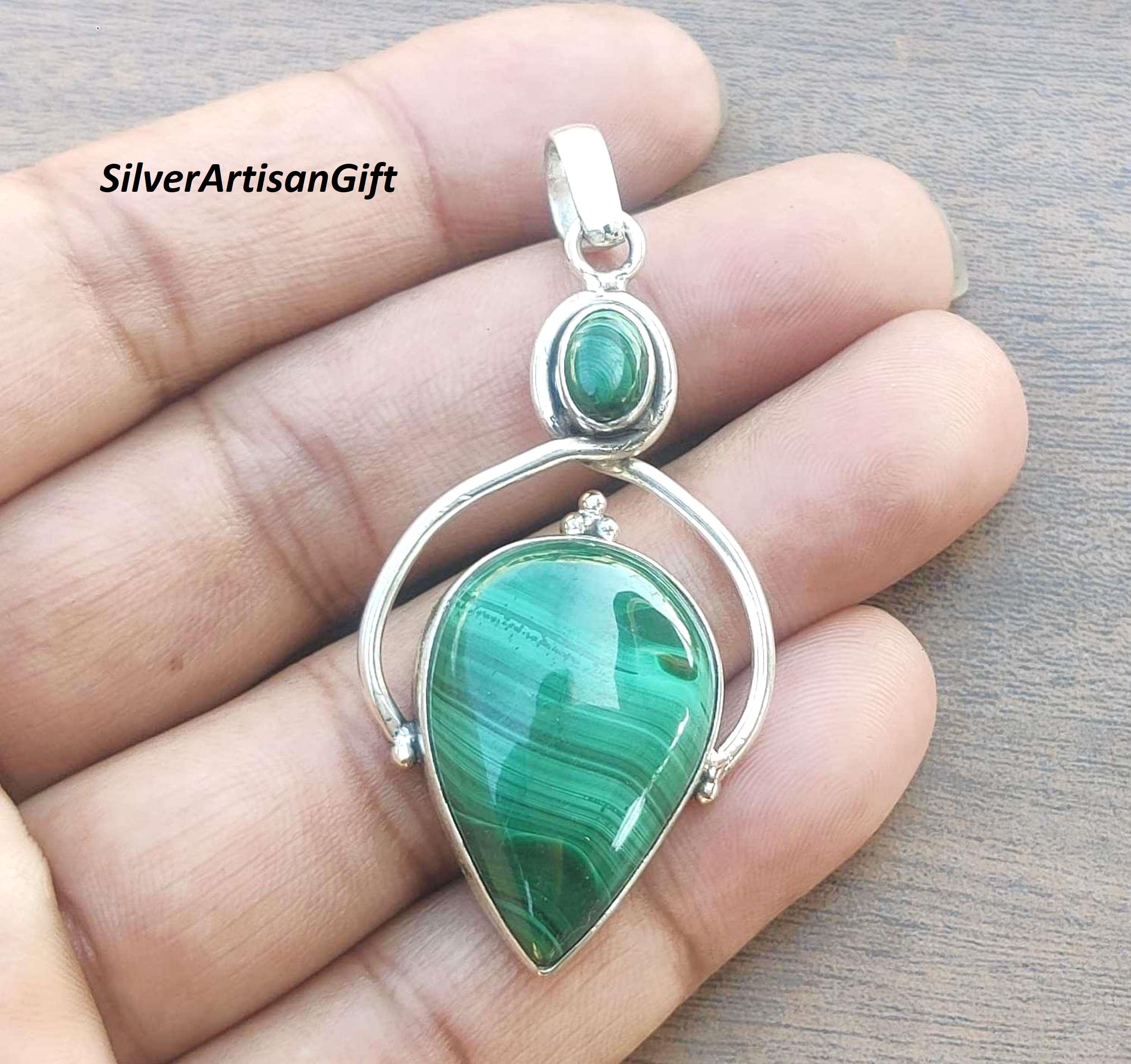 925シルバー マラカイト ネックレス ペンダント Malachite Gemstone pendant , 925 solid silver Handmade