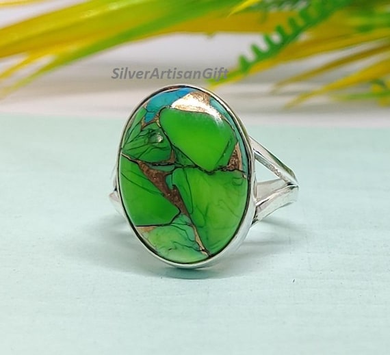 Green Mojave Copper Turquoise Ring: 925 Sterling Silver Boho