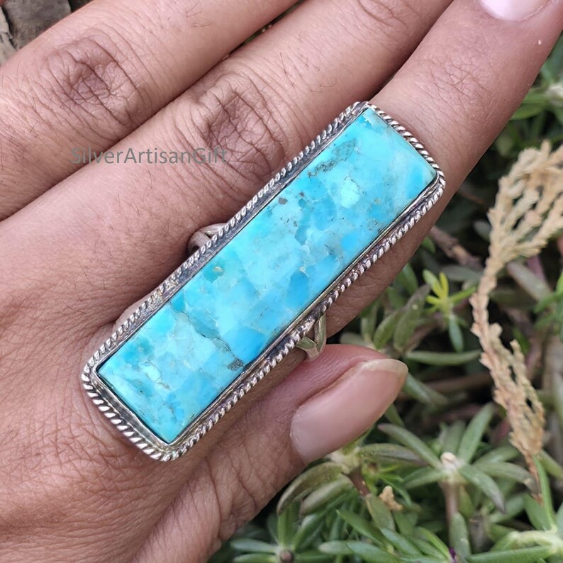 Kingman Turquoise Ring Long Rectangle Gemstone, 925 Sterling Silver ...