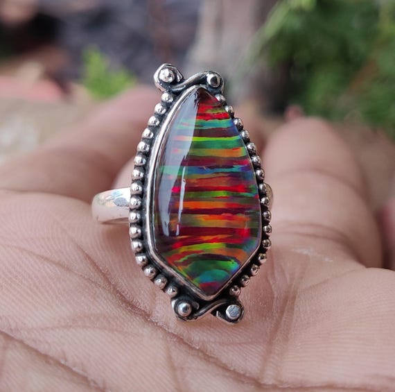 Multi Fire Opal Ring: Handmade 925 Sterling Silver Bezel Setting boho jewelry