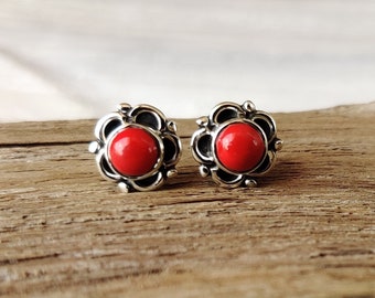 Natural Red Coral Stud Earring-round Cabochon Coral Stud-925 Sterling Silver Jewelry-Simple Coral Studs-October Birthstone Stud-Push gift