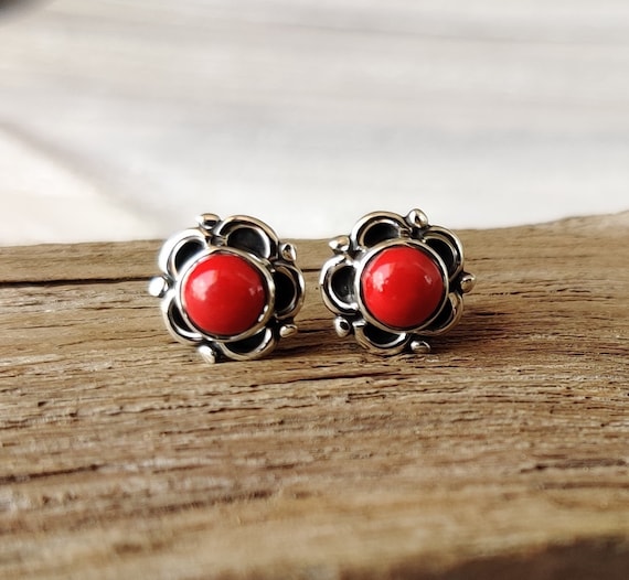 Red Coral 925 Sterling Silver Stud Earrings: October Birthstone Jewelry