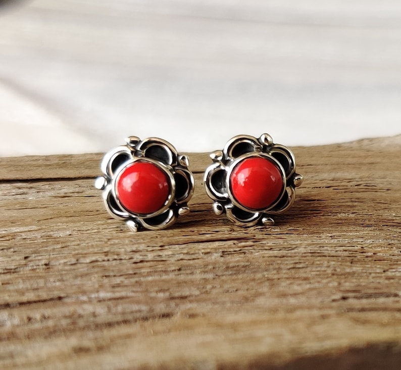 Red Coral 925 Sterling Silver Stud Earrings: October Birthstone Jewelry Coral