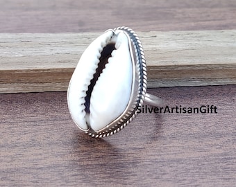 Cowrie Shell Ring: 925 Sterling Silver, Natural Handmade Gemstone