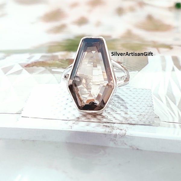 Smoky Quartz Ring, Coffin Ring, Gemstone Ring, Handmade Ring, Statement Ring, Stone Ring, Sterling Silver Ring, Women Ring, Gift For Her