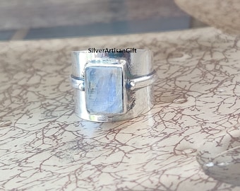 Moonstone Ring , 925 Solid Sterling Silver Ring, Flashy Square Cut Rainbow stone, Statement Ring ,men and women ring ,Gemstone Jewelry  ****