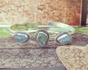Brazalete ajustable de plata 925 con aguamarina natural: Joyería bohemia con piedras preciosas