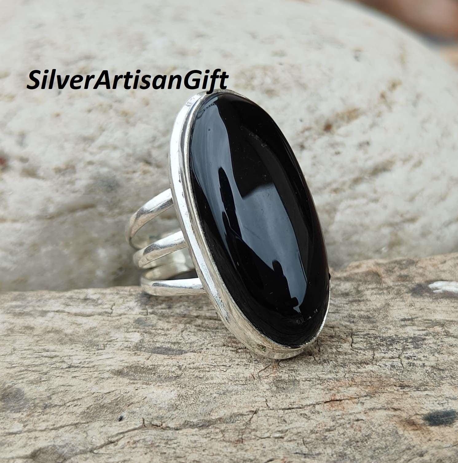 Black Onyx Ring: Oval Gemstone, .925 Sterling Silver Handmade - Etsy