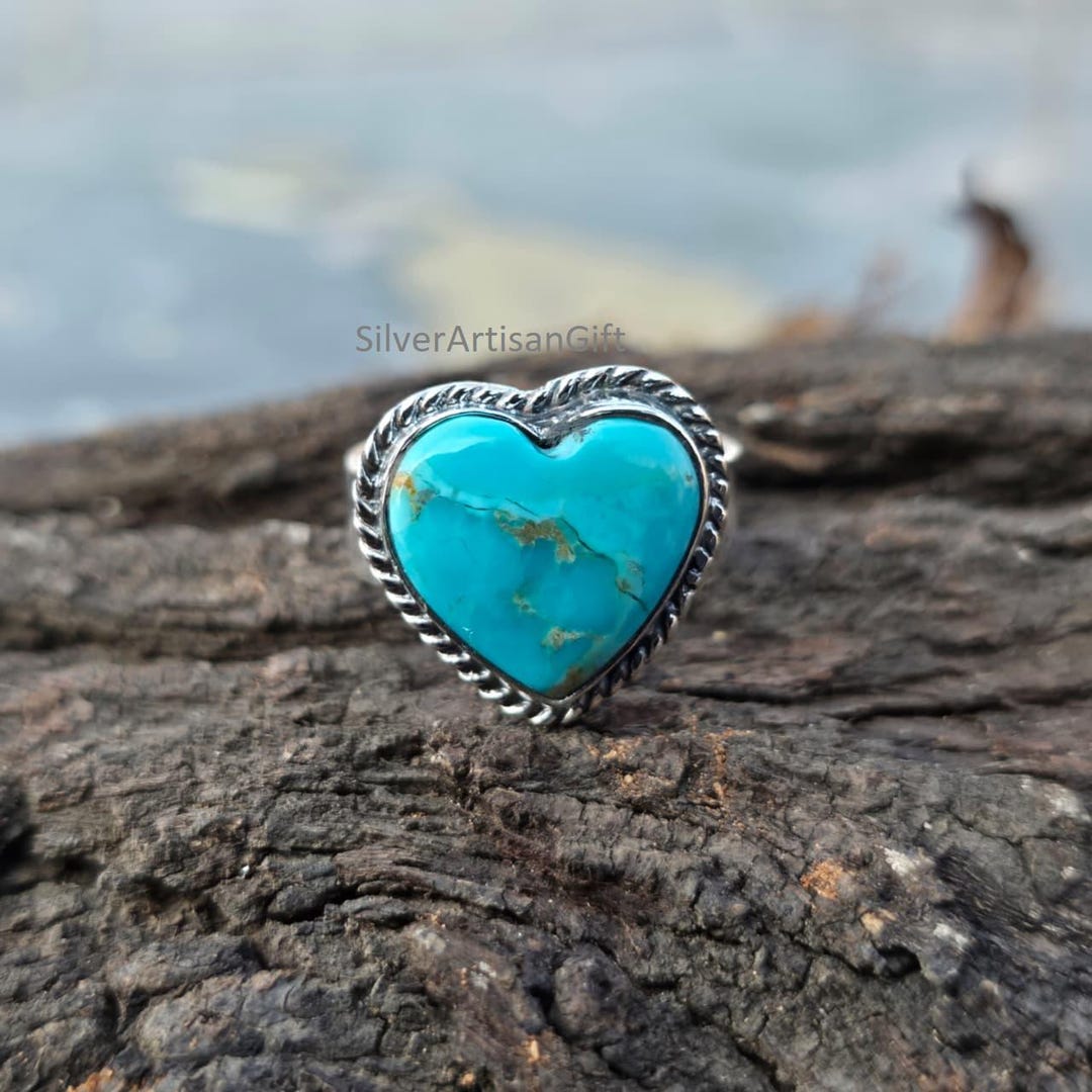 Kingman Turquoise Heart Ring | Handmade Silver Boho Statement Jewelry ...