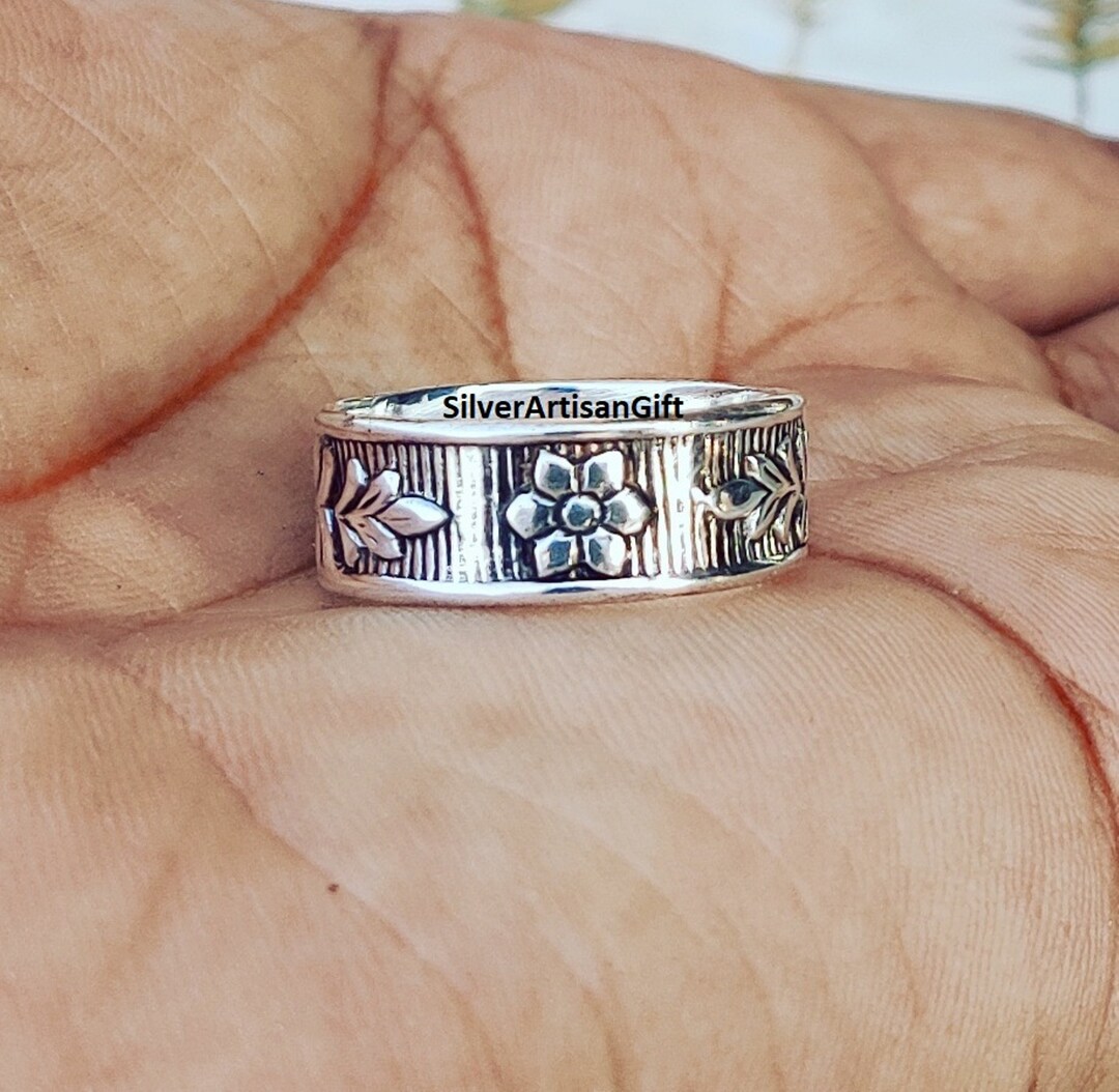 Handmade 925 Sterling Silver Wide Band Ring: Floral Oxidized Thumb Ring ...