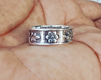 Handmade 925 Sterling Silver Wide Band Ring: Floral oxidized Thumb Ring