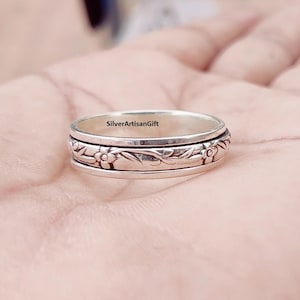 925 Sterling Silver Spinner Ring, Meditation Worry Ring handmade jewelry gift for her Flower Design