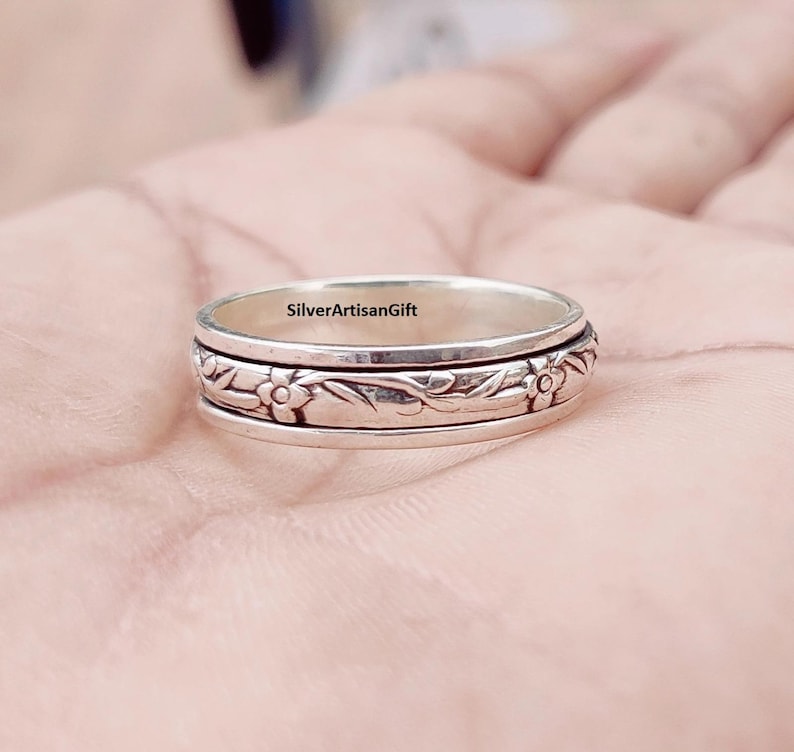 925 Sterling Silver Spinner Ring, Meditation Worry Ring handmade jewelry gift for her Flower Design