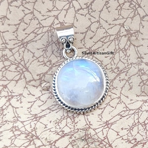 925 Sterling Silver Pendant , Natural Rainbow Moonstone Pendant , Handmade Silver Pendant , Round Moonstone Pendant , Blue Fire Moonstone***