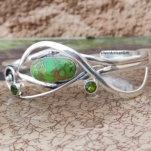 Handmade Green Copper Turquoise Bangle: 925 Silver Adjustable Peridot Jewelry