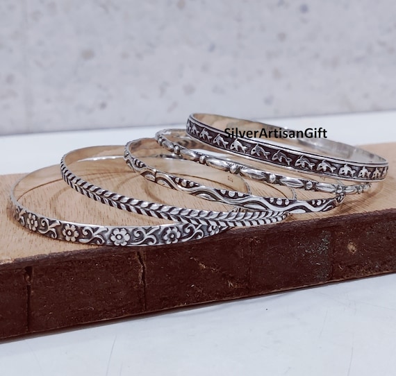 Handmade Sterling Silver Bangle Set: Artisan Floral Bangles