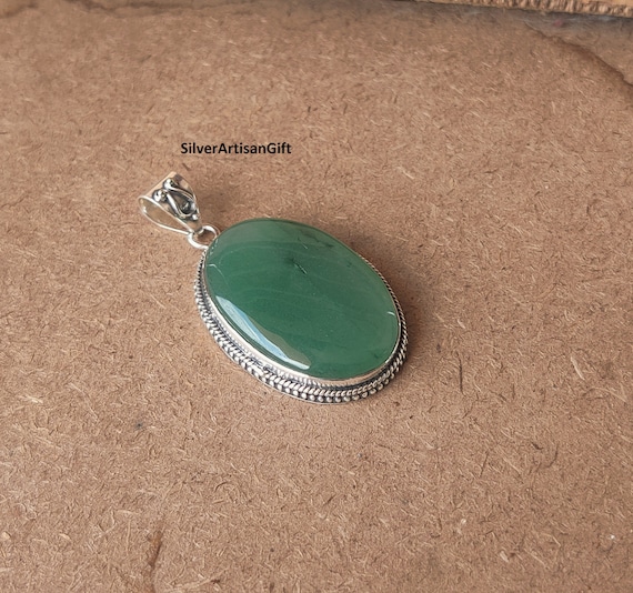 Green Aventurine Pendant: Handmade Oval 925 Sterling Silver Vintage Charm