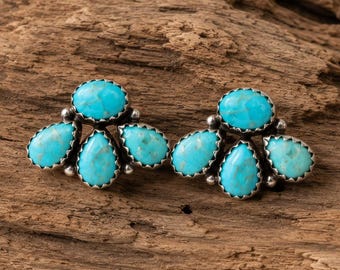 Pendientes grandes de turquesa Kingman Mohave / Pendientes llamativos hechos a mano de plata de ley 925 de estilo suroeste / Joyería bohemia occidental
