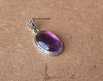 Oval Amethyst Pendant, 925 Sterling Silver Handmade jewelry gift for her