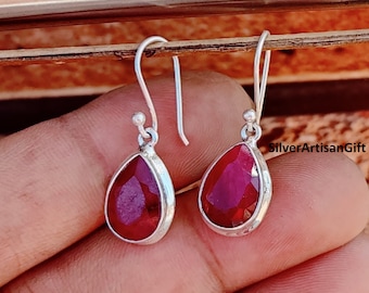 Handmade Pear Ruby Earrings: 925 Sterling Silver Dangle  drop Earrings