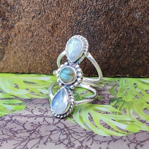 Moonstone and Labradorite Ring, 925 Sterling Silver Ring, Moonstone Ring, Chunky Boho Sterling Silver Ring for Women, Celestial Jewelry,,